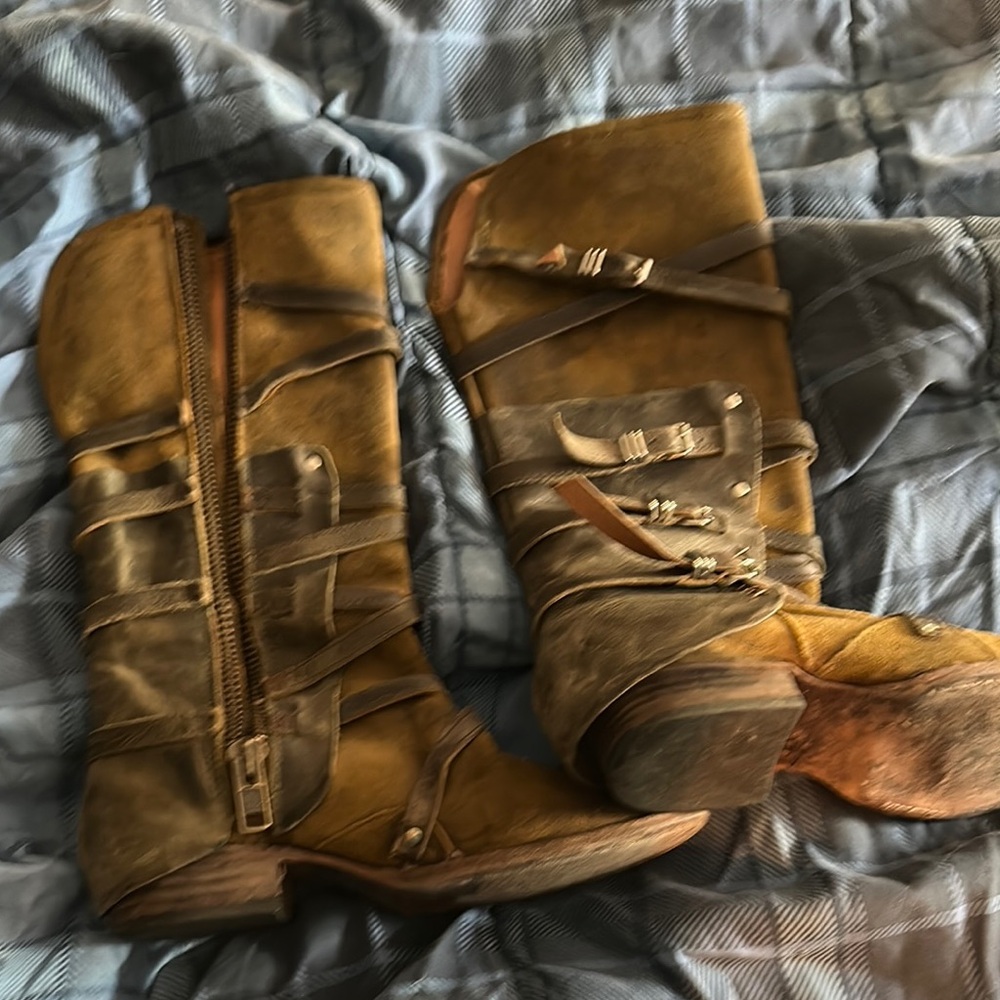 Freebird Brown Combat Moto Boots with Buckle Straps